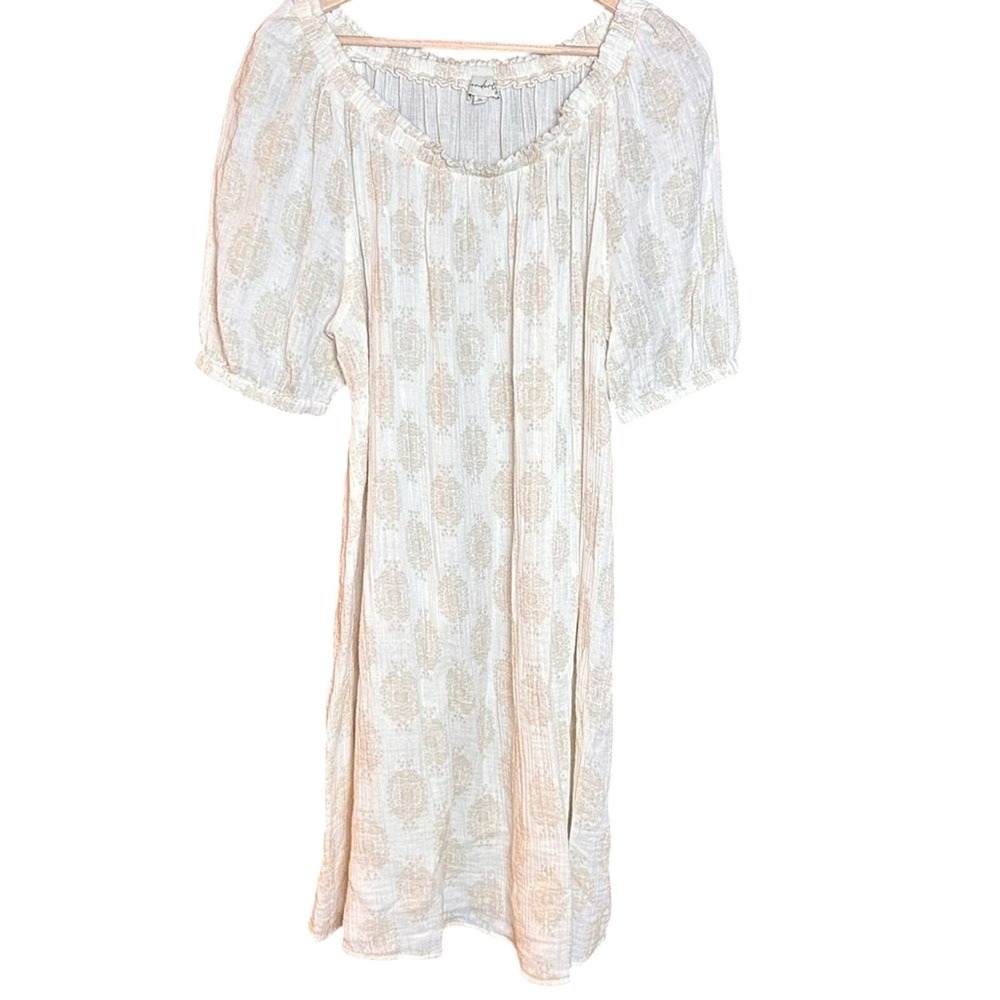 Wonderly Peasant Dress Womens 1X Cream Tan Medallion Print Puff Sleeve‎ Boho